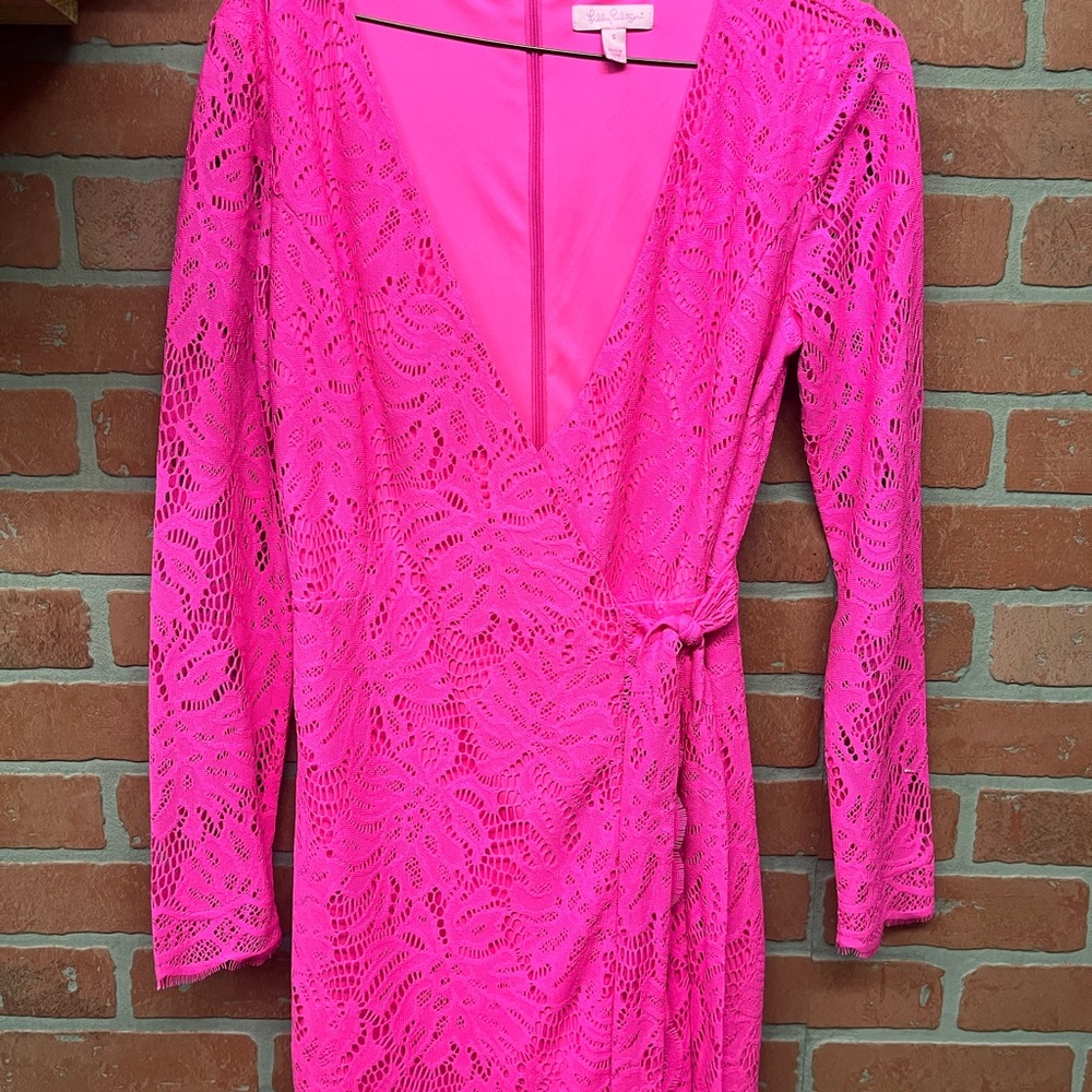 Lily Pulitzer Hot Pink Lace Tiki Wrap Dress size Small
